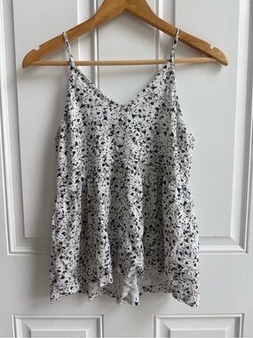 Flowy White and Black Floral ruffled Spaghetti-Strap Tank Top Fairycore beachy
